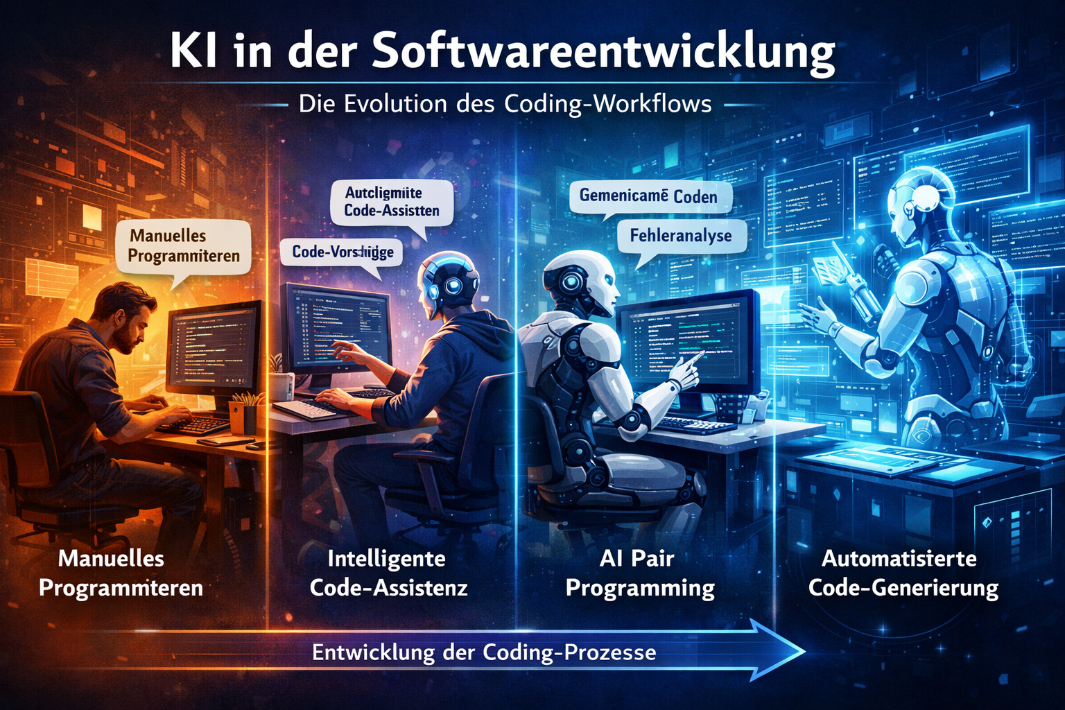 KI-gestützte Softwareentwicklung - Entwickler arbeiten mit intelligenten Coding-Assistenten