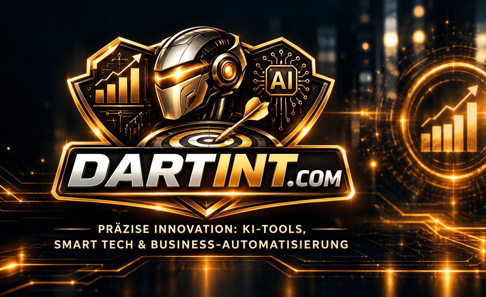 Futuristisches Dartint-Logo in Gold mit KI-Roboter, Dart-Zielscheibe und Technologie-Symbolen